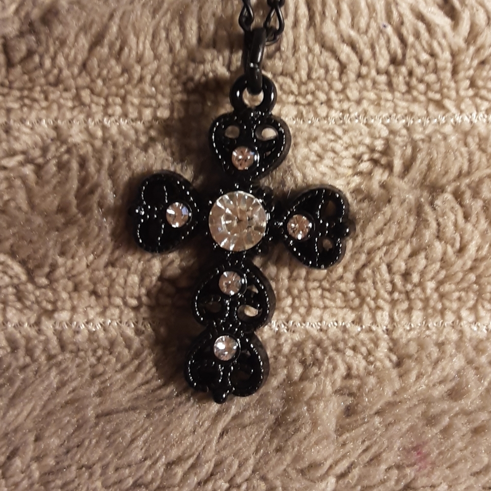 Hand Crafted Rhinestone Cross Necklace Black 20" Long Chain